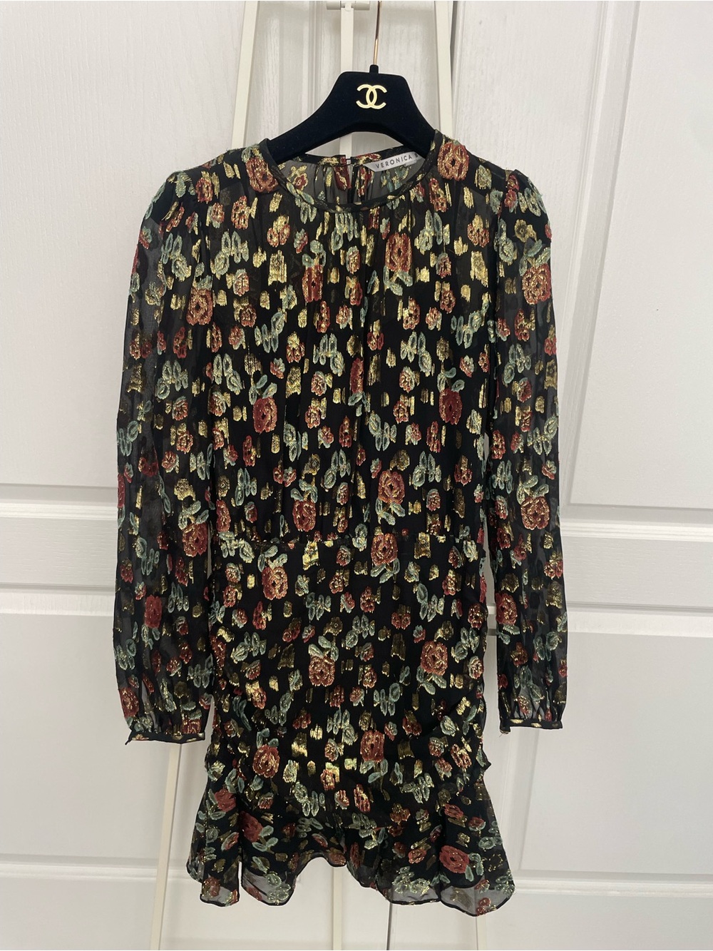 Veronica Beard Black Metallic Floral Mini Dress with Gold, Rose, Sage